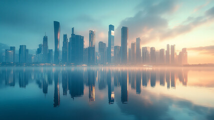 Fototapeta premium Stunning city skyline reflection at sunrise peaceful modern urban landscape blue calm view dawn water