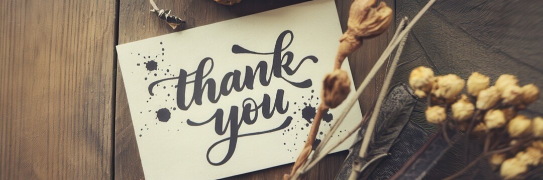 A heartfelt Thank You Note, resting on a rustic wooden surface, adorned with dried flowers, expressing gratitude and appreciation.