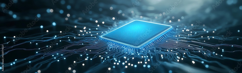Poster Futuristic digital circuit with glowing microchip and data flow.