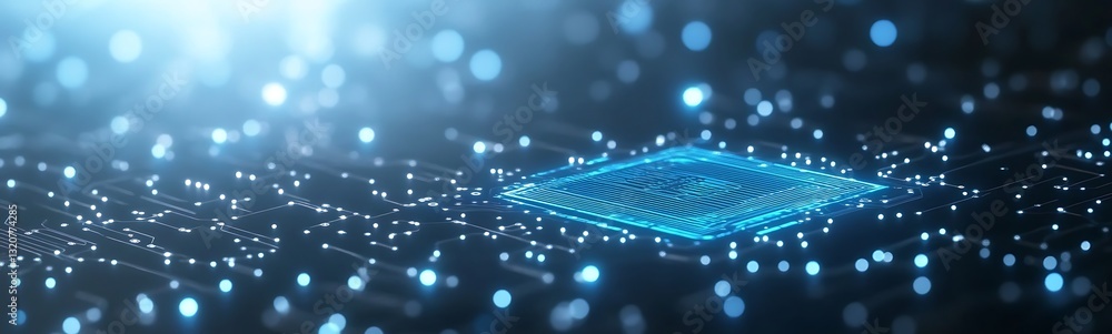 Poster abstract digital landscape with glowing particles and a central diamond shape.