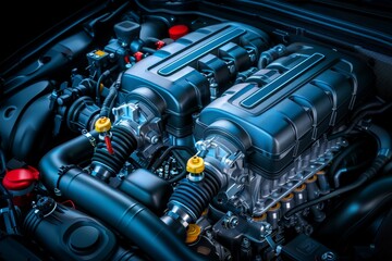 Fototapeta premium Detailed View of a Modern Sleek Car Engine with High Fidelity Design