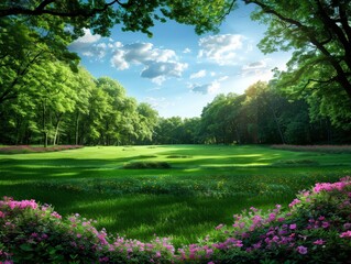 Obraz premium Serene Secluded Meadow Bathed in Soft Sunlight within Forest