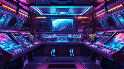 a retrofuturistic spaceship interior with 1980s design