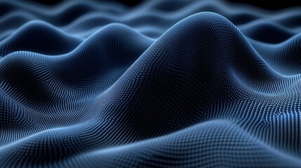 Abstract digital wave pattern.  Complex, textured undulating surface, appearing as a network of connected dots, creating a smooth flowing effect.  Dark navy blue and light gray tones