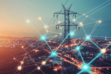 Dusk cityscape with a prominent electricity pylon linked by bright digital nodes.