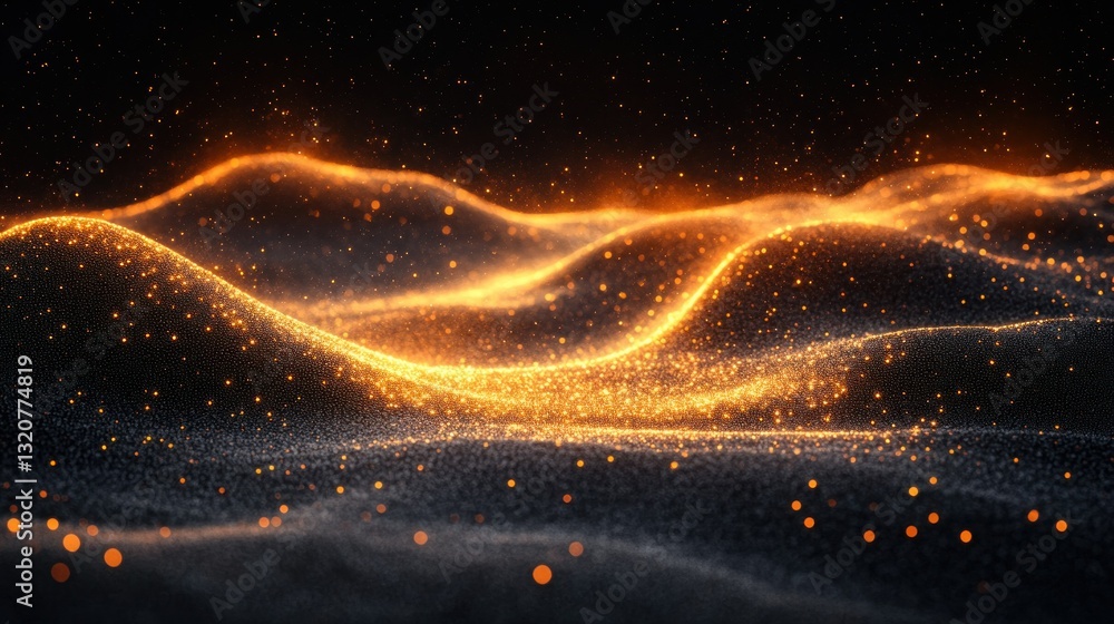 Poster abstract fiery landscape. a digitally rendered image of undulating hills of glowing, orange particle