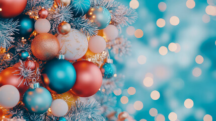 Christmas adornment: Holiday decoration on Christmas tree with colorful bauble and light spot, for seasonal greetings and festive ambient.