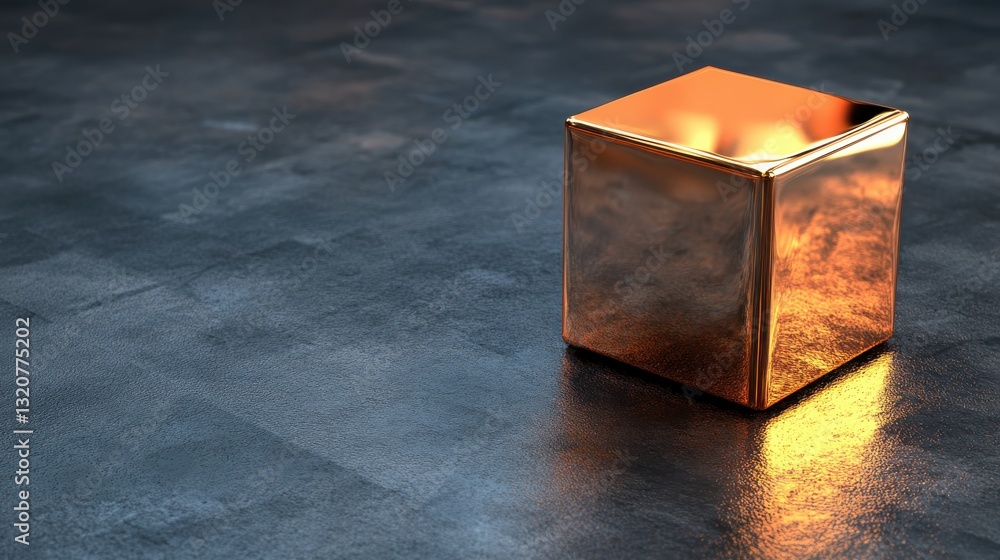 Poster polished bronze cube on dark textured surface reflecting light and creating a modern ambience
