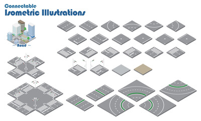 つながる！アイソメイラスト【道路】
ユニットをつなげて地図や街並みを作成できる、ジョイント式のアイソメイラストです。
建物や人物など、「つながる！アイソメイラスト」シリーズのユニットと組み合わせて街並みを作成しよう。

各ユニットのコーナー部分を基準に組み合わせてください。必要に応じて、配置したユニット同士の前面/背面設定を調整してください。