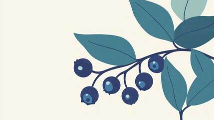 Hand-drawn blueberries and leaves on branch