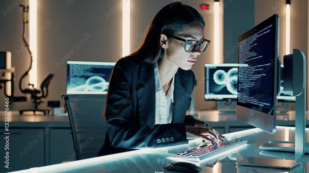 Poster concentrated female computer scientist analyzing data in a modern technology lab during nighttime wi