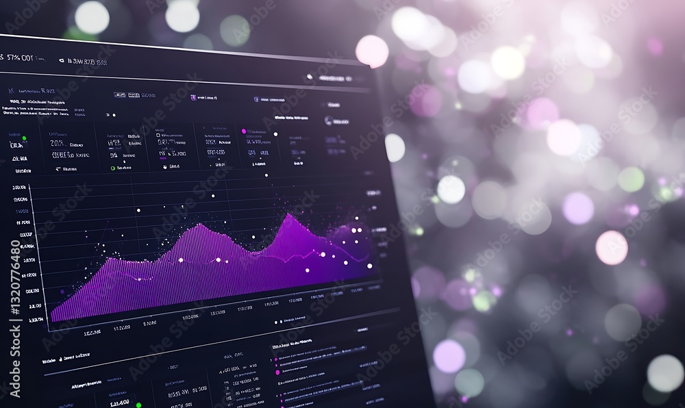 Poster Data visualization with purple graphics on a screen, surrounded by bokeh lights.