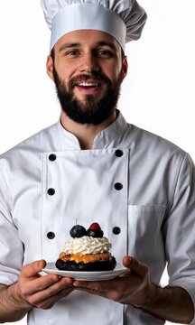A chef is holding a plate with a dessert on it, smiling
