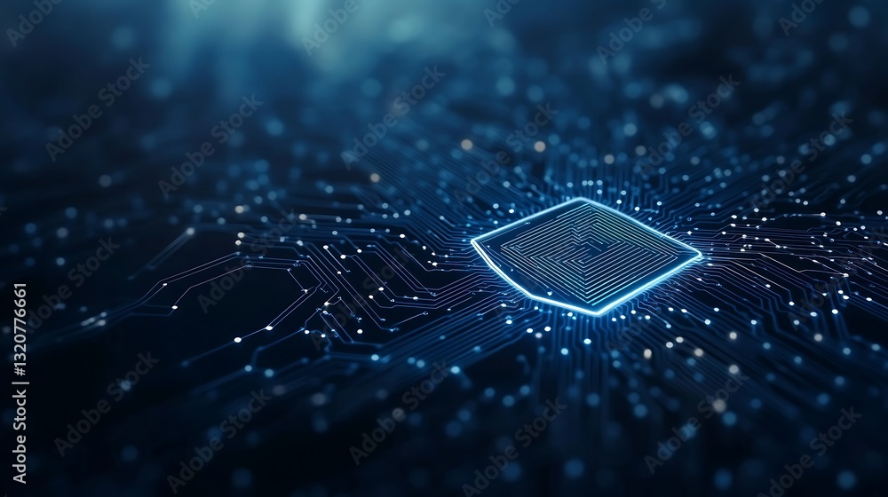 Poster Digital representation of a microchip surrounded by glowing data points in a dark environment.