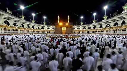 Pilgrims circling the kaaba in mecca's grand mosque at night