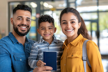 Fototapeta premium smooth travel experience. Family smiles together holding a passport in a bright environment.