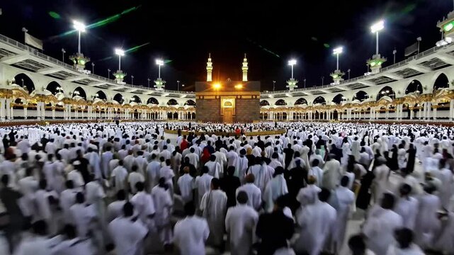 Pilgrims circling the kaaba in mecca's grand mosque at night