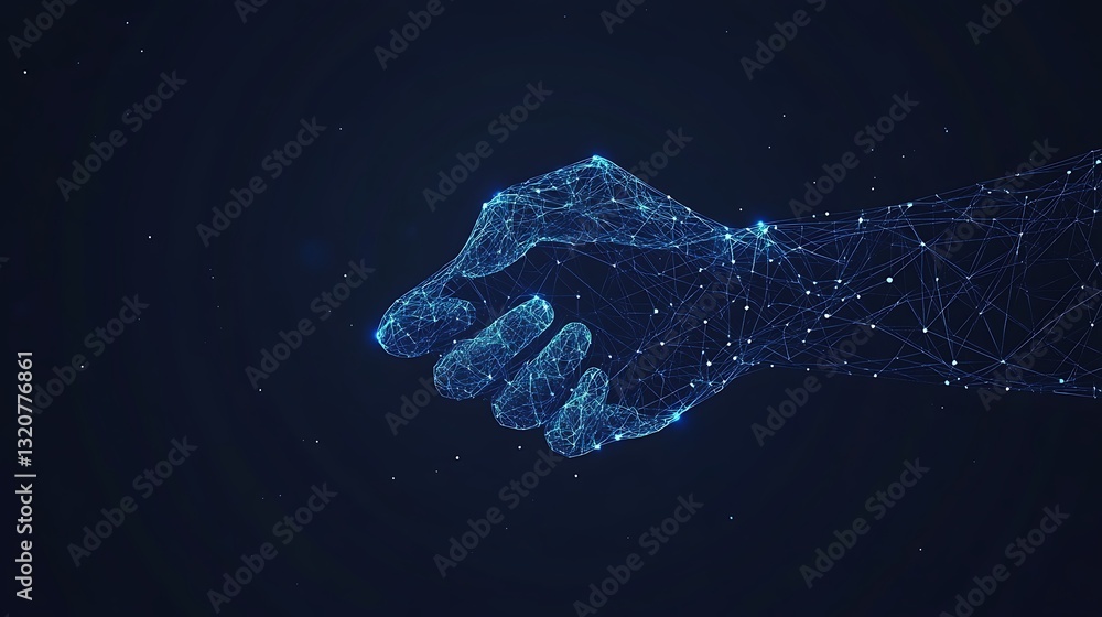 Poster digital hand composed of particles against a dark background, symbolizing connection and technology.