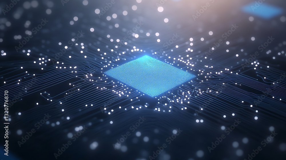 Poster abstract digital representation with glowing particles and a central blue element.