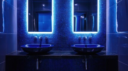 Modern blue bathroom with double sinks and LED lighting.
