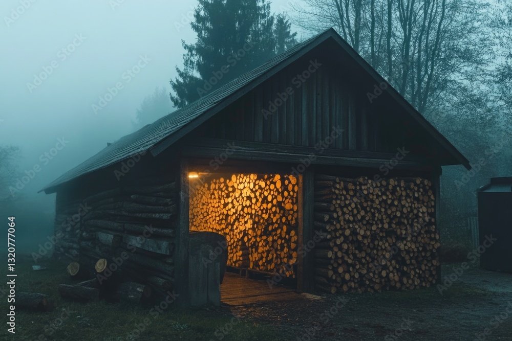 Poster a small cabin with logs stacked in front of it