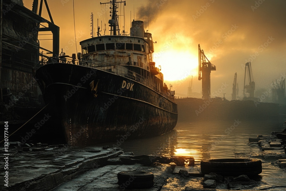 Poster large boat situated next to a dock with calm waters and possibly suitable for fishing or relaxation
