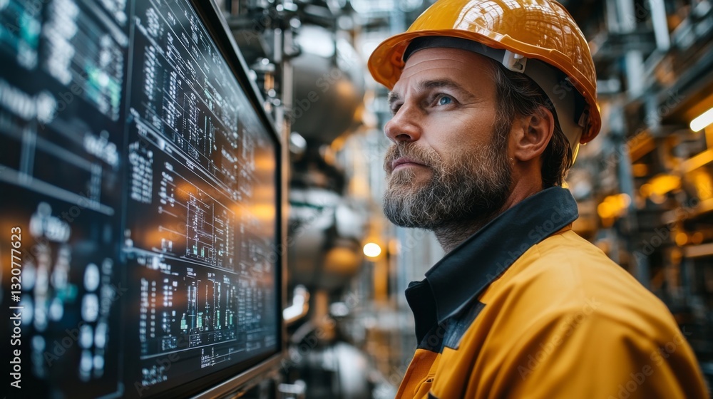Poster A manufacturing engineer observes digital displays showing automated processes in a refinery. The setting features pipes and machinery, emphasizing industrial automation and chemical processing.