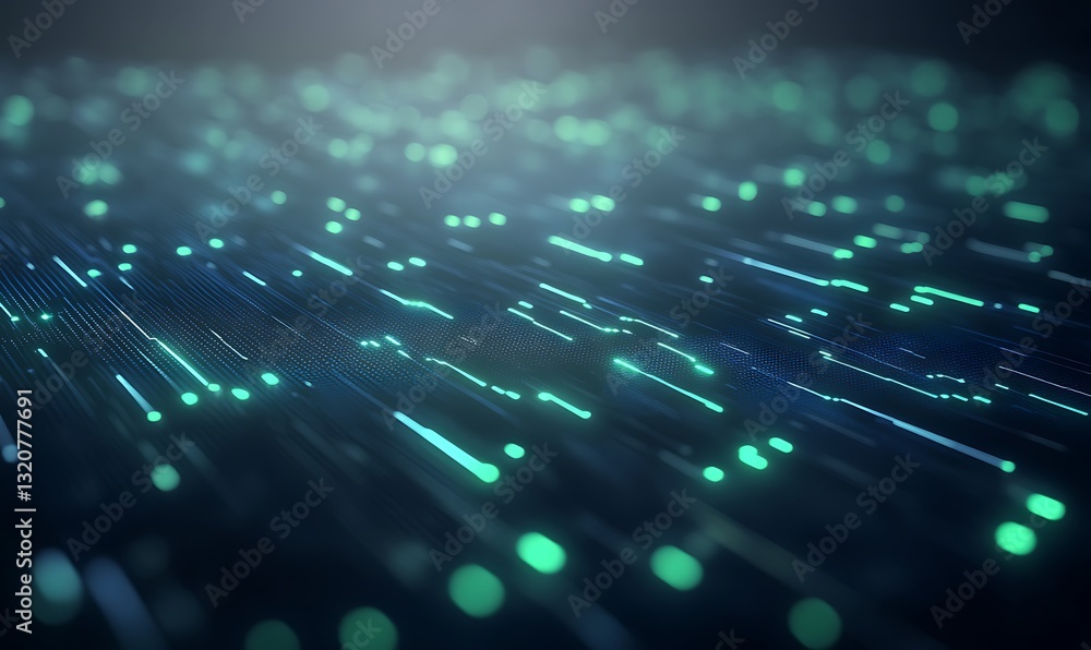 Poster abstract digital background with glowing lines and particles in green and blue tones.