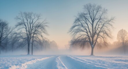 Winter Sunrise Over Snowy Landscape with Trees and Path.