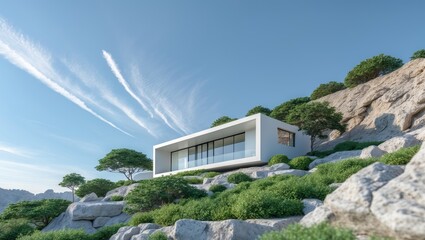 Futuristic modern house on rocky hillside with surrounding vegetation and clear blue sky.