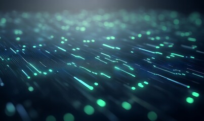 Abstract digital background with glowing lines and particles in green and blue tones.