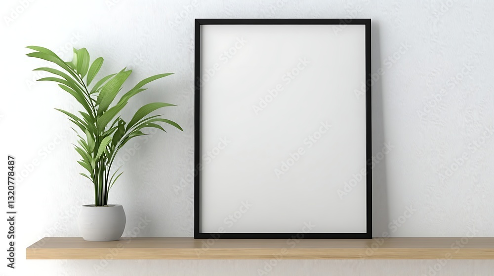 Poster blank frame on a shelf with a plant in a pot, set against a textured wall.
