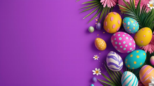Easter backgroundwith colotful easter eggs on the bright purple background, Easter concept