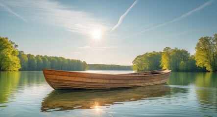 Obraz premium Wooden Boat on Calm Lake Under Sunny Sky