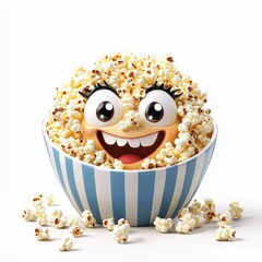 Obraz premium Delighted bowl of popcorn with cute eyes and a big smile, isolated on clear white background
