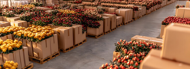 A vibrant flower market filled with colorful blooms arranged in boxes, showcasing a variety of...