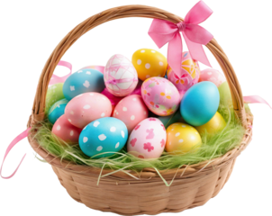 colorful easter eggs in a basket on a transparent background