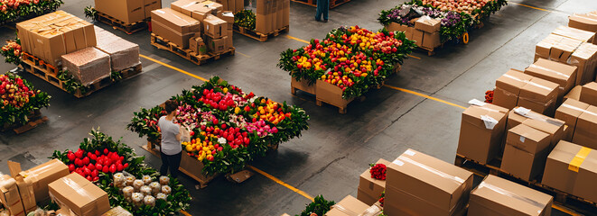 A vibrant flower market displaying colorful blooms and packed boxes, with people arranging flowers...