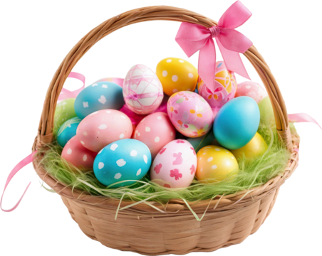  colorful easter eggs in a basket on a transparent background