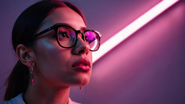 Hipster Girl Contemplating an Interesting Offer in a Studio with Neon Lighting