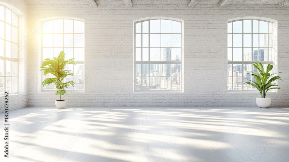 Poster a bright, abstract white studio space filled with soft window shadows--ideal for displaying products