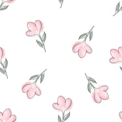 Seamless small floral pattern of soft pink watercolor flowers with outline in one-line style on white background. Botanical texture. Floral background.