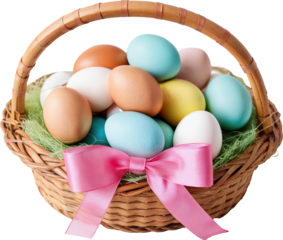 colorful easter eggs in a basket on a transparent background