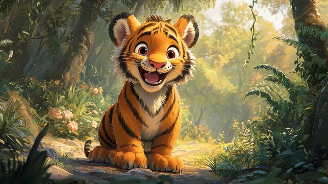 A cute, animated tiger cub smiles joyfully in a vibrant jungle setting, surrounded by lush greenery and colorful flora.