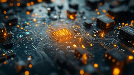 A close-up view of a glowing microchip on a dark circuit board, highlighting intricate electronic components and connections.