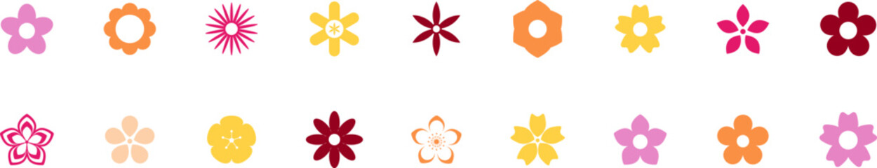 Fototapeta premium Hippy groovy daisy flowers set. Retro vintage style, Easter, spring hand drawn decorative elements. Set of simple flat flower icons. Apple, cherry, plum, apricot, blossoms vector. Kids cute decor.