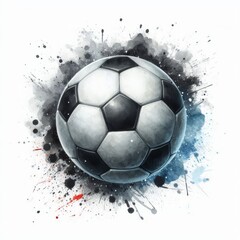 Fototapeta premium Soccer ball with black and white watercolor splashes. Abstract football illustration with ink splatters. Dynamic sports artwork for design