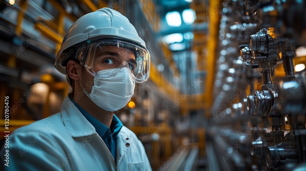 Poster a technician wearing a safety helmet and goggles inspects refinery machinery in a petrochemical plan