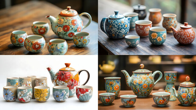 Colorful Ceramic Tea Pots and Cups with Floral Patterns - (relaxed).-# Create, explore, and organize on [midjourney.com](<https://midjourney.com/imagine?from_discord=1>)