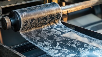A textile printing machine applying intricate patterns to fabric.